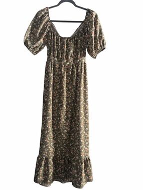 Hesperus Olive Floral Maxi Dress with Puff Sleeve Detail Size M